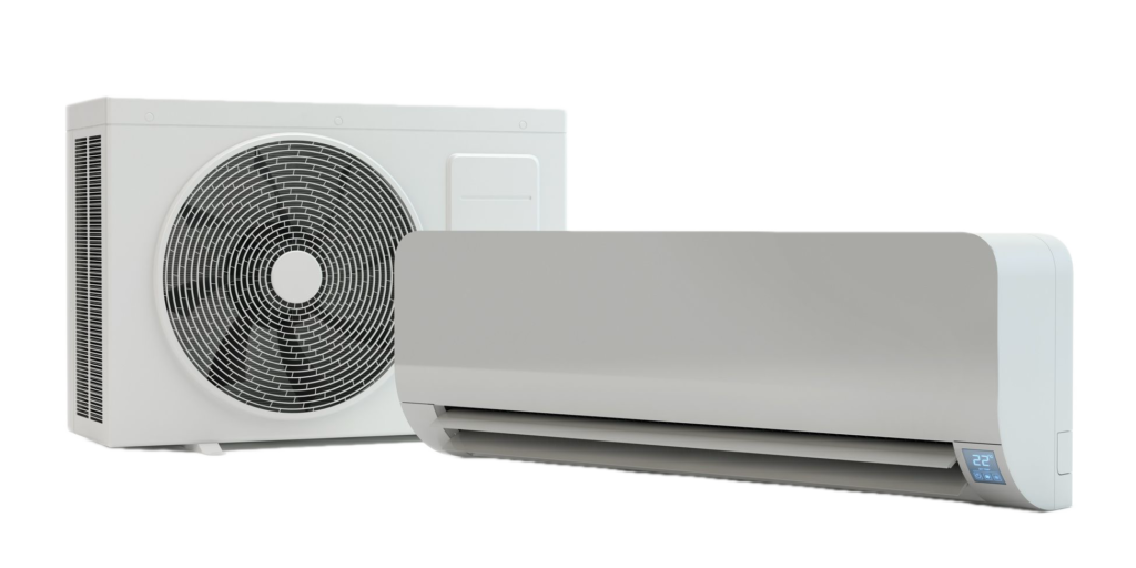 Eine Klimaanlage, bestehend aus einer weißen Innenwandeinheit mit Digitalanzeige und einer separaten weißen Außenkompressoreinheit mit großem Ventilator.
